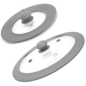 Set of 2 Vented Tempered Glass Universal Lid for Pot Pan Skillet with Heat Resistant Silicone Microwave Splatter Cover Microwave Safe Fit 8" 8.5" 9" and 11.5" 12" 12.5", Light Grey