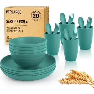 Wheat Straw Dinnerware Sets for 4, 20 PCS Unbreakable Lightweight Kids Plates and Bowls Sets, Dishwasher Microwave Safe Dinnerware Set, Perfect for Kitchen Dorm Camping Outdoor - Green