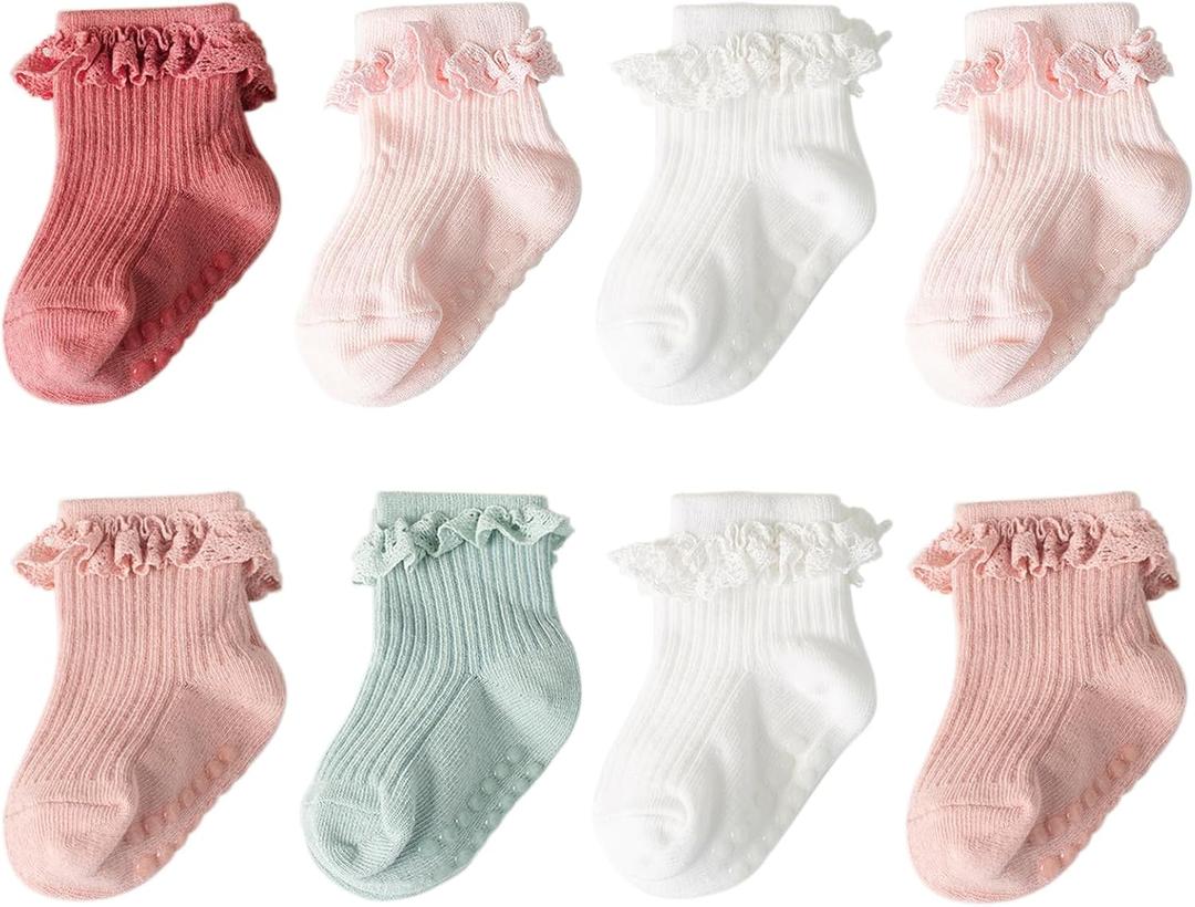 AQOKKA Baby Girl Toddlers Socks with Non-slip Grip Cute Frilly Ruffle Ankle Soft Cotton Newborn Baby Socks for Infant Kids, 0-6 Months