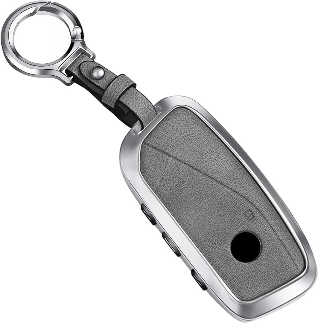 Key Fob Cover Leather Case Compatible for BMW 2025 2024 2023 5/7 Series , X5, X6, X7,X2, X5M,I5,I7XM,2022-2023 IX, Gray Keychain for Women Men