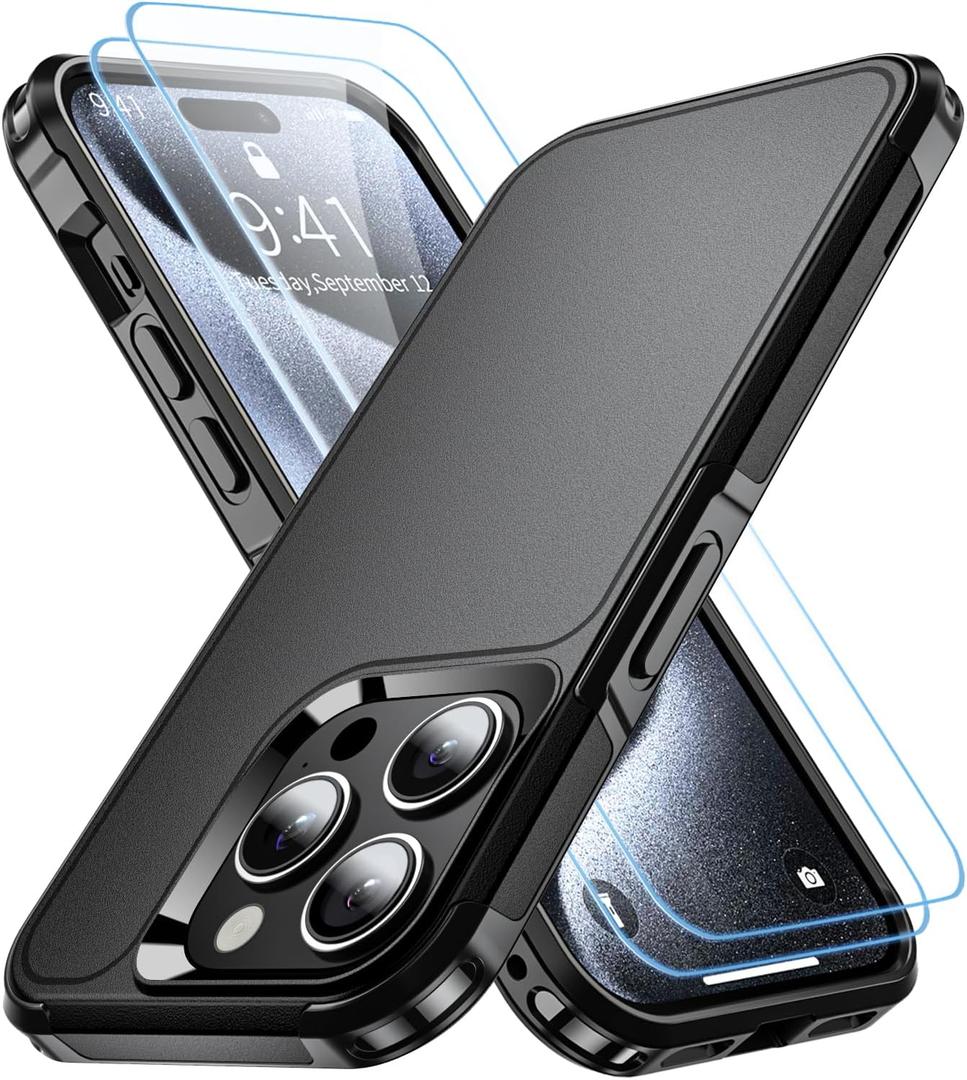 for iPhone 15 Pro Case,[18 FT Military Grade Drop Protection],with 2X[9H Screen Protector ] Slim & Tough Full-Body Protective Official Certification Phone case (Black, iPhone 15 Pro)