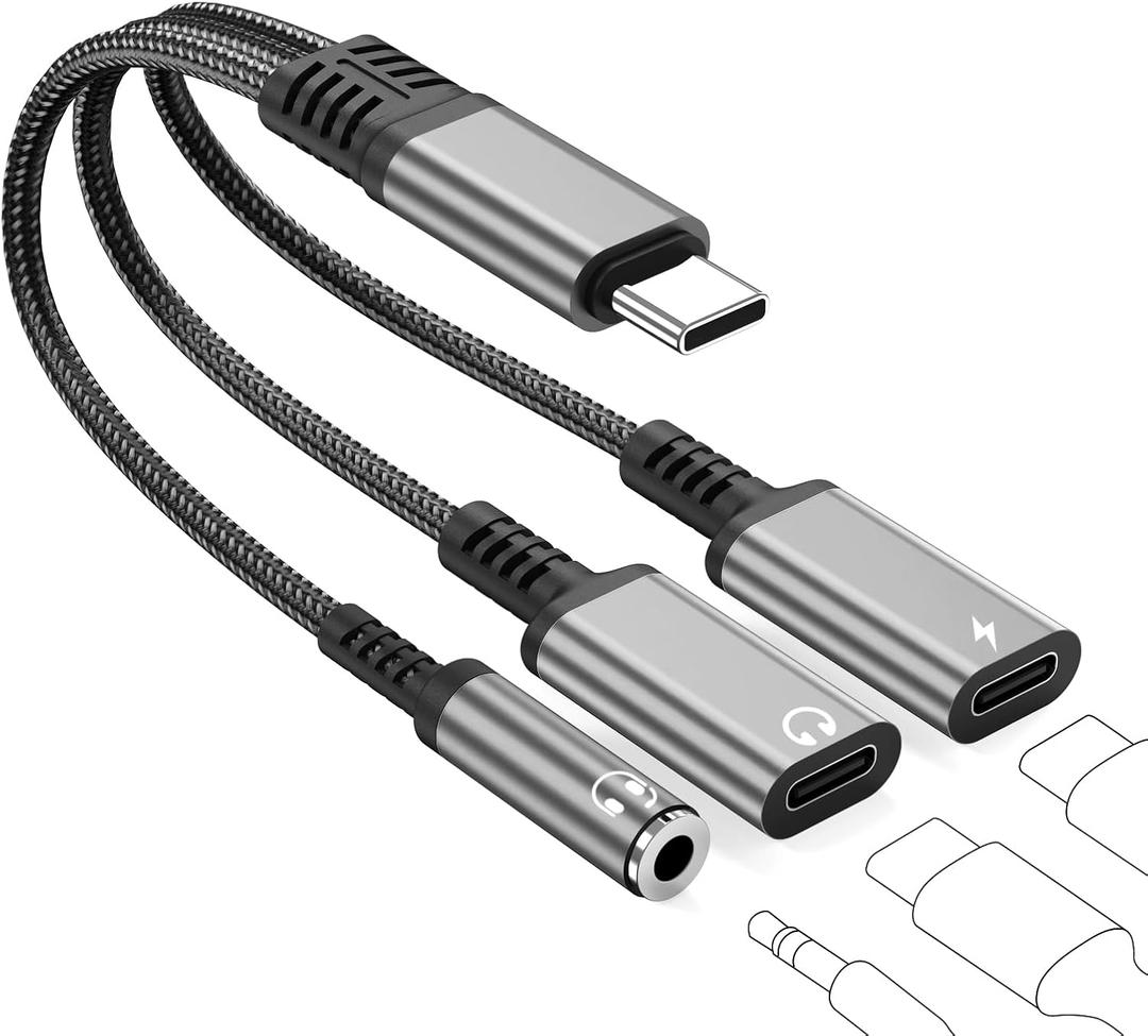 USB C to 3.5mm Headphone and Charger Adapter, 3 in 1 Dual Type C Aux Splitter Charger Headphone Jack Dongle Cord Compatible for iPhone 15/16/17 Pro/Max/Plus, iPad, Samsung Galaxy S22/S23/S24 Ultra (Grey)