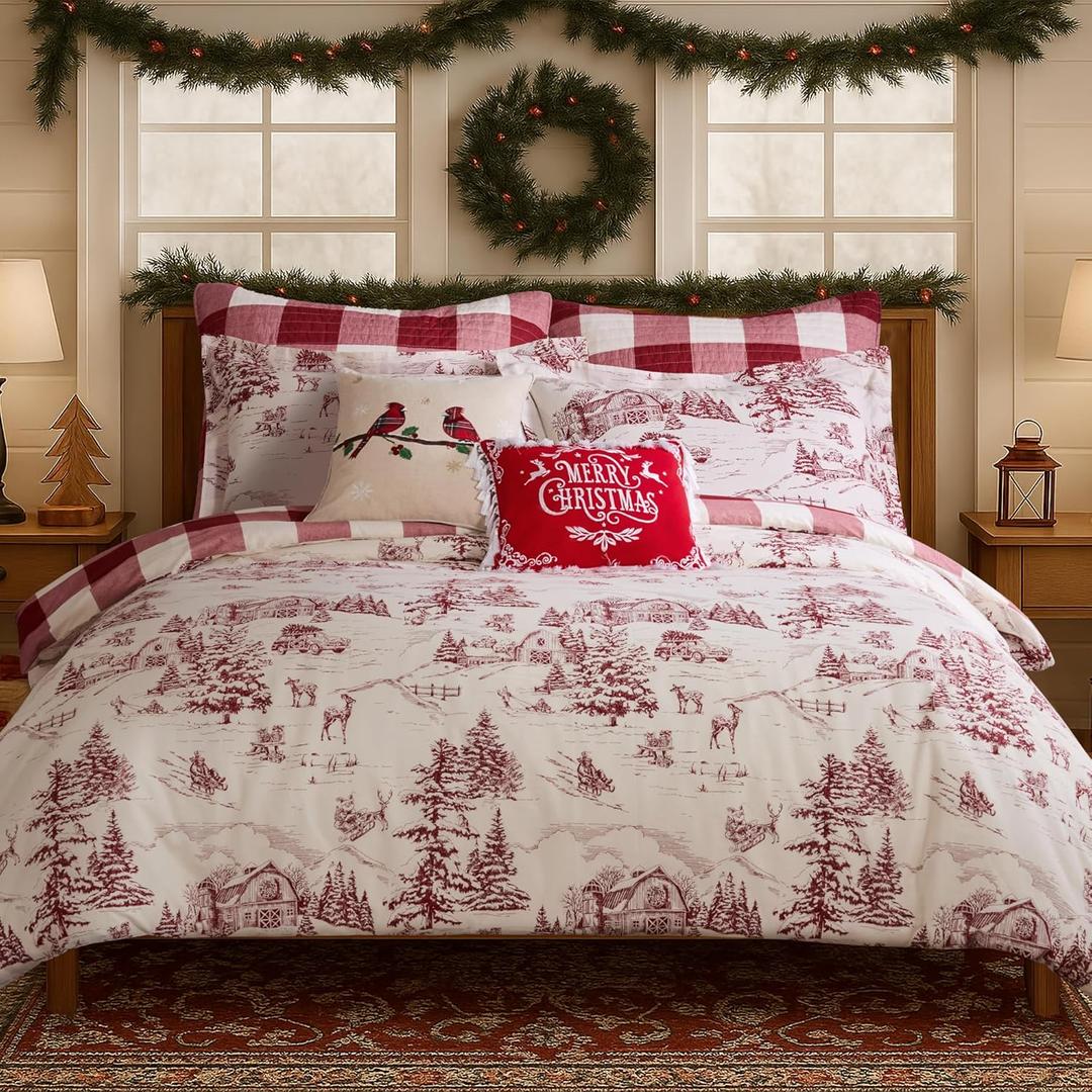 Levtex Home - Winter Sleigh Ride Duvet Set - Twin Duvet Cover (68x88 In) + One Sham (20x26 In) - Toile - Red Cream - Reversible - Cotton