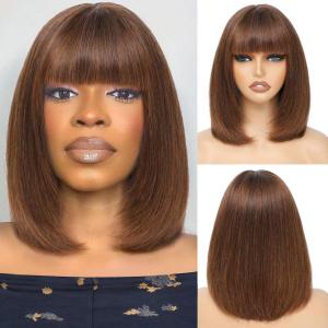 Bob Wig with Bangs Human Hair Glueless Bob Wig Human Hair 8 Inch Brown Cheap Wigs 2.5X1 inch Short For Black Women Straight Wigs