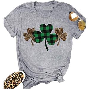 Ykomow St Patricks Day Shirts Womens Short Sleeve Leopard Clover Graphic Tees (XL, Grey) (XL)