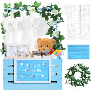 Barydat Wooden Baby Shower Crate Closet, Basket with Handle and Felt Letter Board Kit Garland Baby Shower Wooden Gift Crate Personalized Basket for Pregnancy Announcement New Parent, Blue