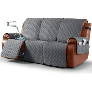 Ruaozz Waterproof Recliner Couch Covers, Sofa Slipcovers Washable 1-Piece Reclining Sofa Covers Non-Slip Furniture Protector with Elastic Straps Pocket for Kids Pets (Dark Grey, 3 Seater)