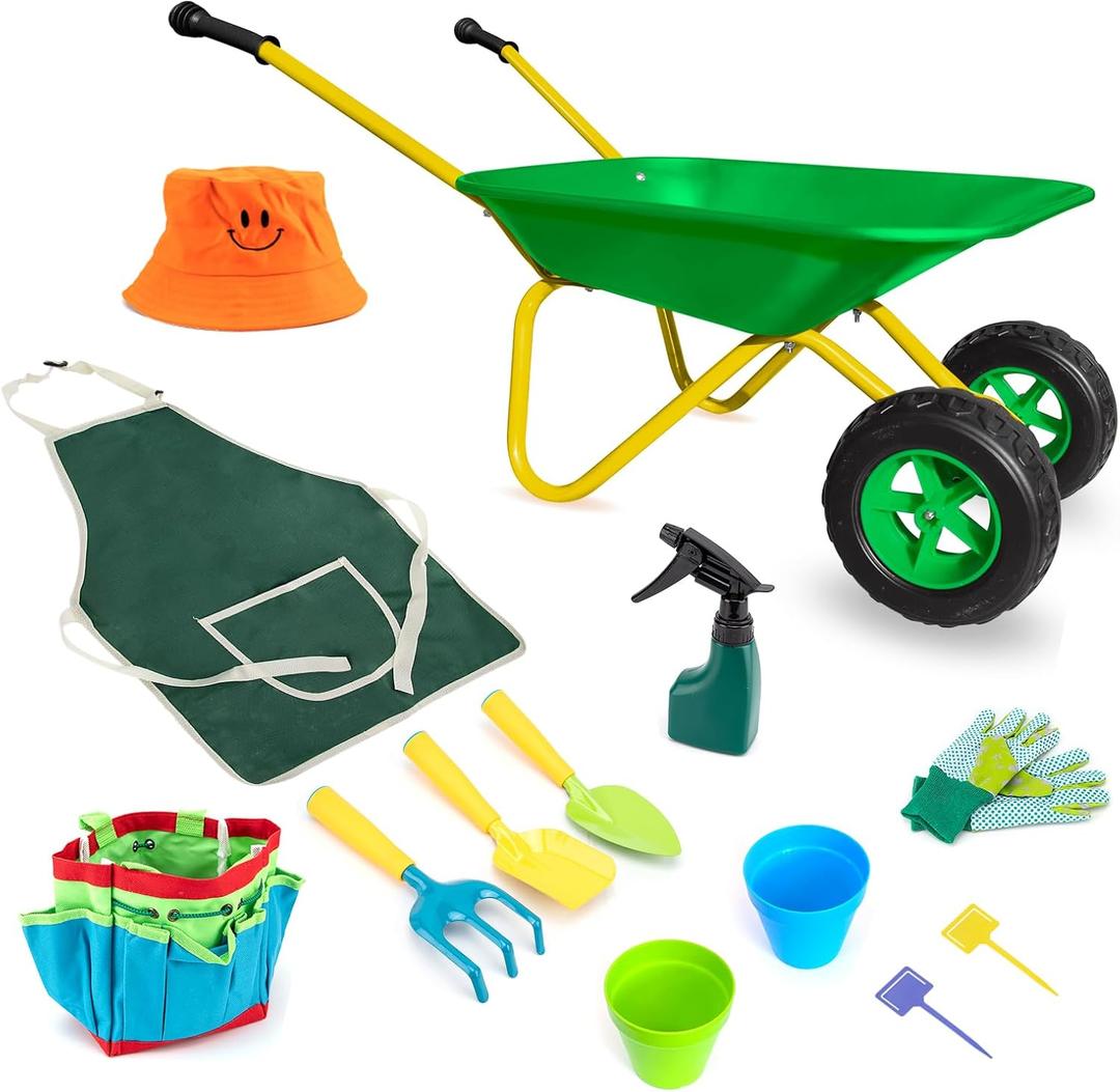 Toddler Metal Wheelbarrow Set for Kid with 12 PCS Gardening Tool(Green Set) | Children Wheelbarrow Toy with Apron,Gloves,Hat,Flower Pot,Bag,Label,Watering Sprayer,Pointed Shovel,Square Shovel,Rake