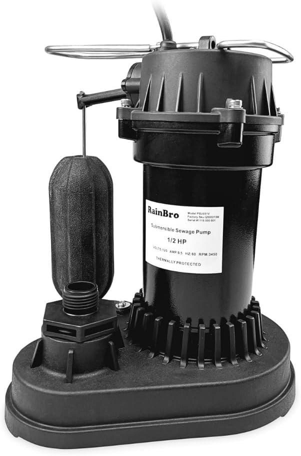 Rainbro 1/2 HP Thermoplastic Submersible Sump Pump With Vertical Float Switch, Utility Pump, Model# PSU051V