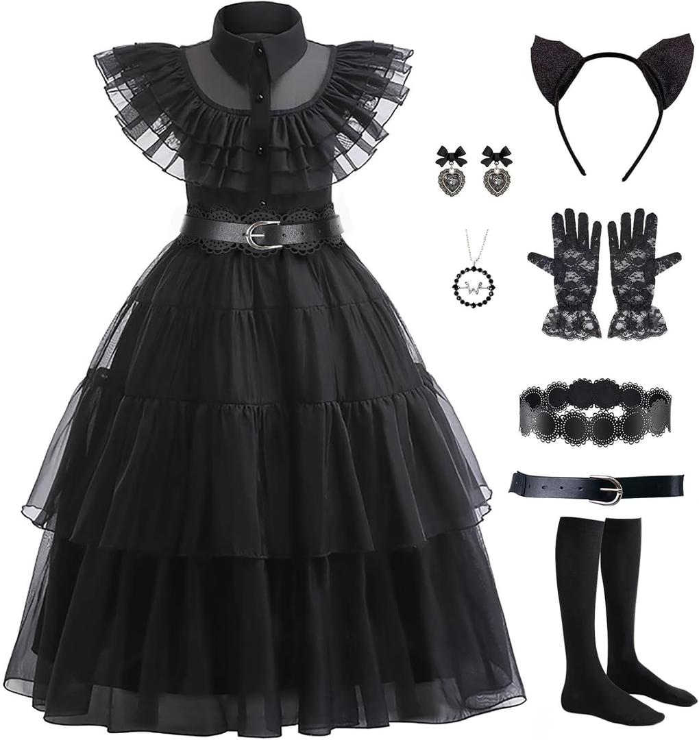 Black Costume Dress Kids Girls Black Cosplay Halloween Party Dress Up Gothic Costume with Accessories (6-7 Years)
