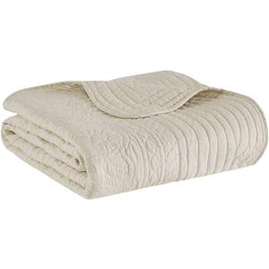 Madison Park Luxe Quilted Throw Blanket - Damask Stitching Design, Cotton Filled Spread, Ultra Soft, Cozy Bedding for Living Room Couch, Sofa, Bed, 60x72", Scalloped Borders Cream
