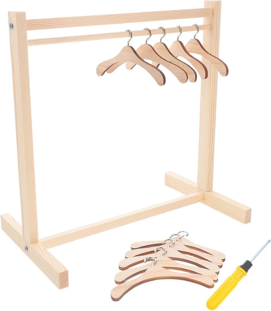 DOITOOL 1 Set Wooden Doll Clothes Rack - Miniature Doll Dress Hangers Dollhouse Accessories for Displaying Princess Dresses Organizing Baby Outfits