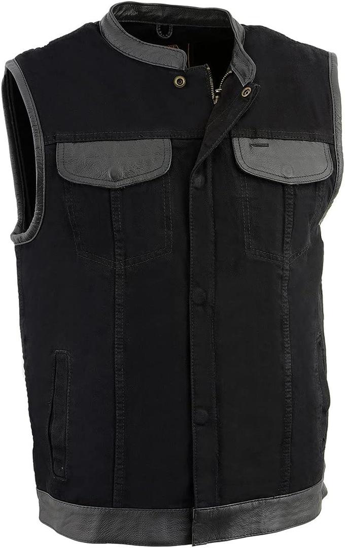 Milwaukee Leather MDM3010 Men's Black Denim Club Style Biker Vest with Leather Trim and Hidden Zipper (X-Large)