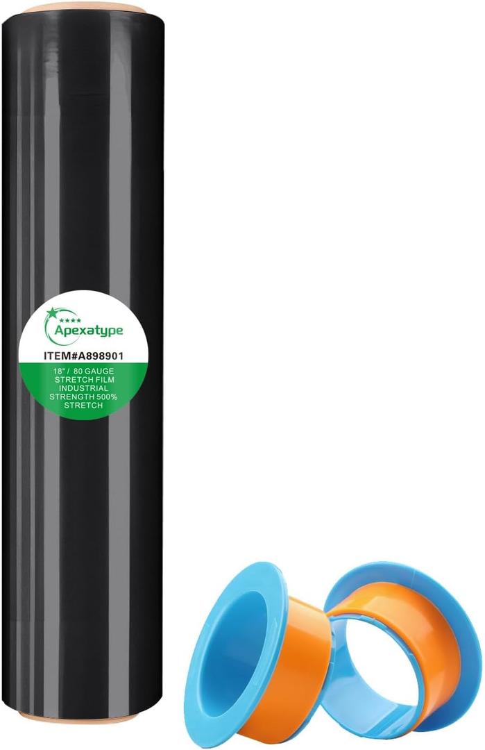 18" Black Plastic Shrink Wrap Roll for Moving, Furniture Wrapping, 1500 Feet, 80 Gauge, 500% Stretch, Industrial Strength Film with Handle for Packing, Residue-Free, Machine & Hand Use, 1-Rolls