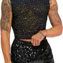 WDIRARA Men's 2 Piece Outfit Rhinestone Sequin Lace Mesh Crop Tank Top and Shorts Set (Black)