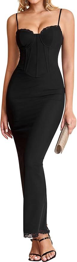 KUTUMAI Vintage Corset Long Formal Dress Lace Slit Back Bodycon Maxi Cocktail Wedding Guest Dresses for Women Elegant M Black
