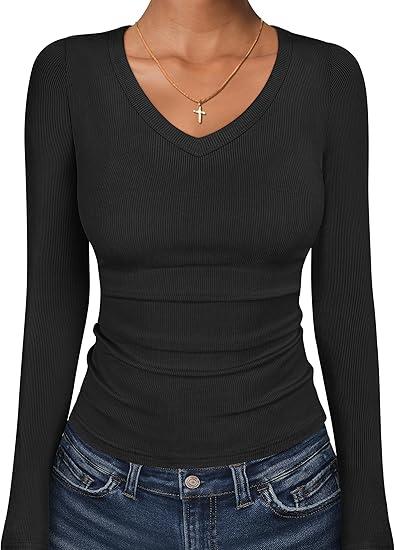 ANRABESS Long Sleeve Shirts for Women V Neck Ribbed Knit Fitted Fall Basic T-shirts Going Out Tops 2026 Casual Trendy Clothes, Black,XS