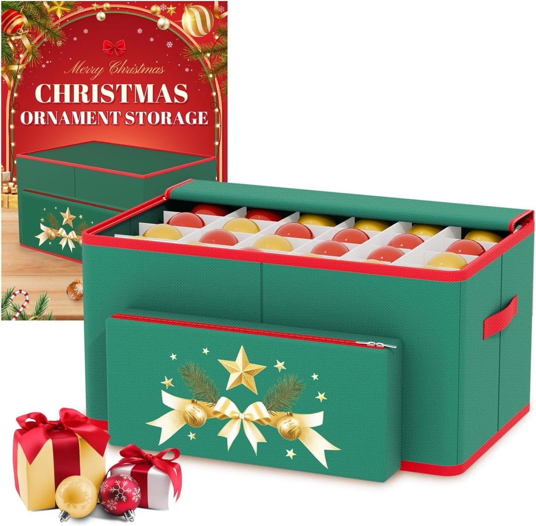 MODFUNS Christmas Ornament Storage Box Christmas Ornament Organizer Storage Box with Adjustable Dividers Fits 72 of 3 Inch Ornaments 600D Oxford Fabric Holiday Ornament Storage Container (Green)