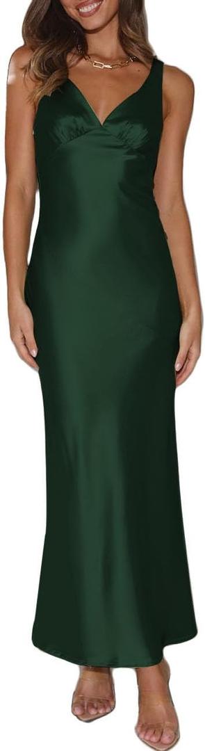 Womens Elegant Satin V Neck Backless Sleeveless Maxi Dress Silk Tie Low Back Formal Cocktail Dresses Wedding Guest (Medium, Dark Green)