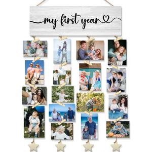 Baby Family Picture Frames Collage Wall Decor, Photo Wall Display, Hanging Photo Display with Clips, New Grandma Gifts, First Time Grandma Grandparents Gifts, My First Year Baby Frame, 16x5 inch
