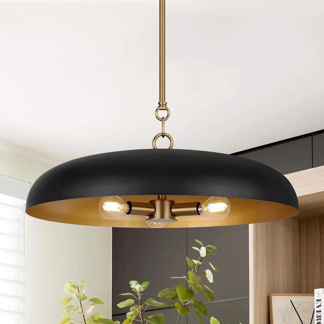 LamQee 20 Inch Oversized Large Pendant Lights, 3-Lights Black and Gold Modern Dome Chandelier, Industrial Metal Pendant Lighting Fixture Ceiling Hanging for Kitchen Island, Dining Room Over Table, Bar, 19.7 Inch