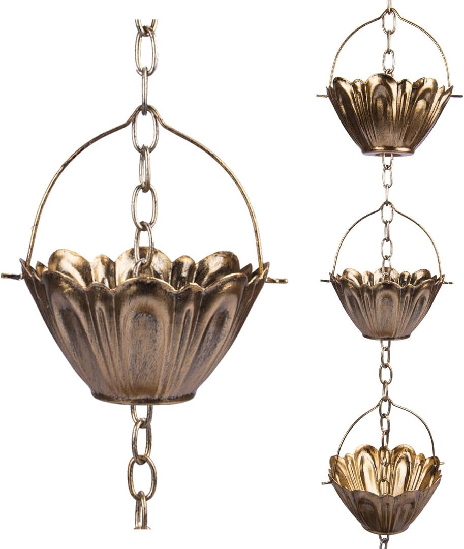 8 ft Copper Plated Rain Chain for Outside Downspouts, Adjustable Rain Catcher for Garden Gutters, Decorative Metal Hanging Flower Spiral Rain Bells, 12 Lotus Cups, Brass Color