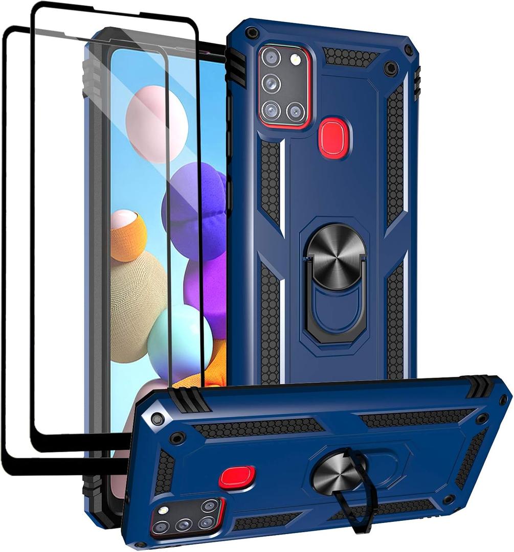 Androgate for Samsung Galaxy A21s Case with Tempered Glass Screen Protectors, Military-Grade Metal Ring Kickstand 15ft Drop Tested Shockproof Cover for Samsung Galaxy A21s Blue