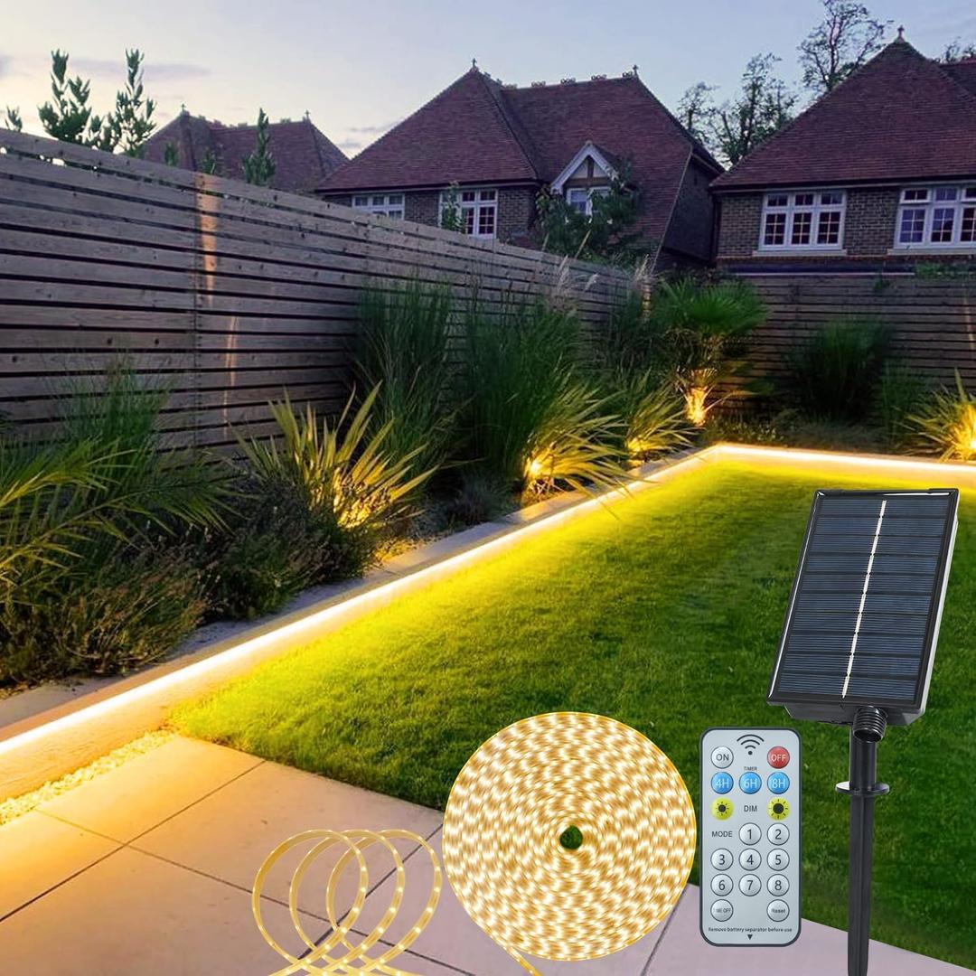 Solar Powered Strip Lights Outdoor Waterproof, 16.4Ft 320 LED Strip Lights with Remote, Timer, 8 Modes, Cuttable, Strip Lights for Cabinet Stair Patio Walkway Decor (Warm White)