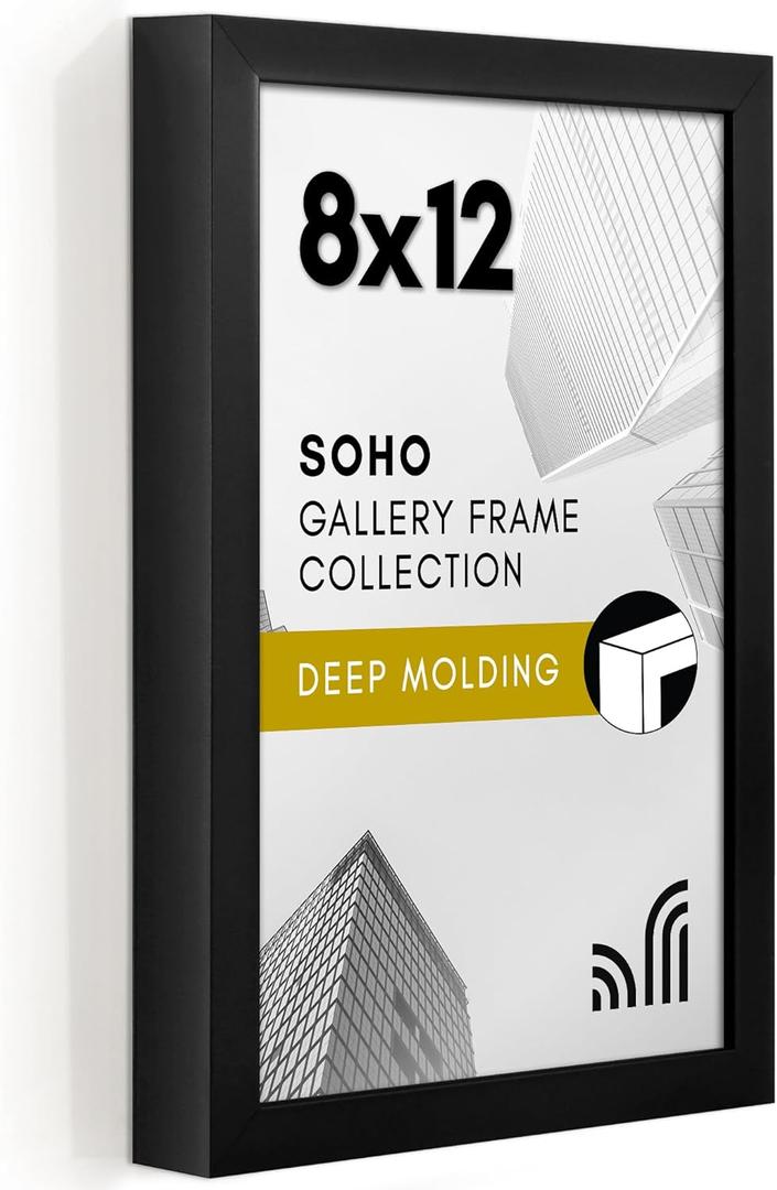 Americanflat 8x12 Picture Frame with Shatter-Resistant Glass - Soho Collection - Gallery Style Deep Molding Picture Frames for Tabletop and Wall Display - Black