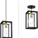 2 Pack 1 Light 5.7 Inch Hanging Gold Farmhouse Indoor Kitchen Island Black Gold Lantern Cage Finish Pendant Light for Kitchen Island Over Sink Dining Room Adjustable Length UL Certification