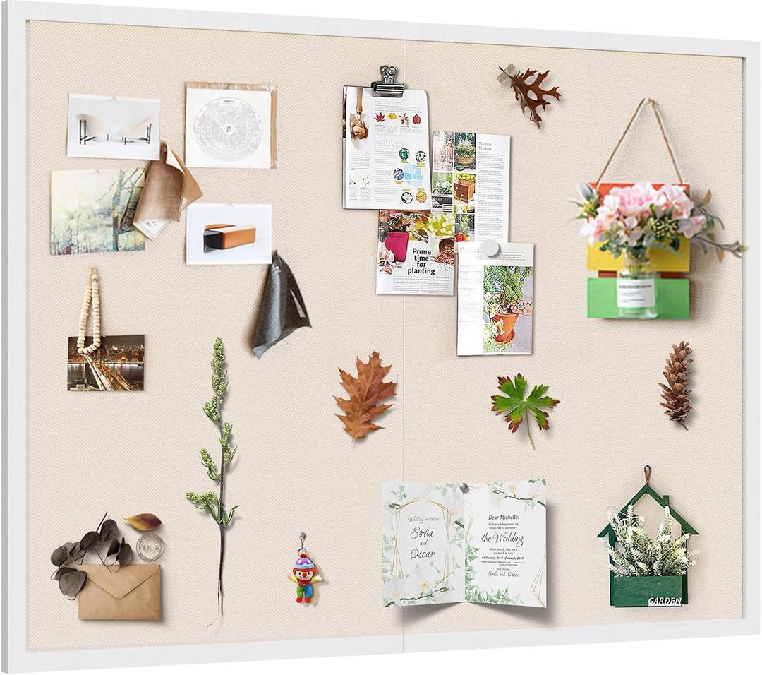Miratino Large Bulletin Board 48x36 inch with Linen Cork Boards Wall Decor Hanging Pin Wood Framed Display Bulletin Cork Photo Picture Board Light for Room School Office 30-Pushpin White, 48"x36"-1 Pack