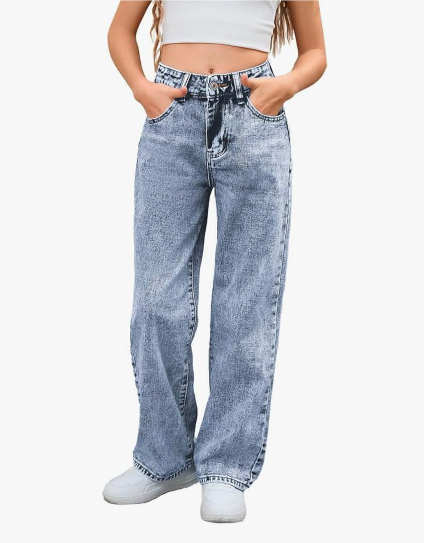 MakeMeChic Girl's Denim Pants High Waisted Straight Leg Jeans with Pockets, Size 11