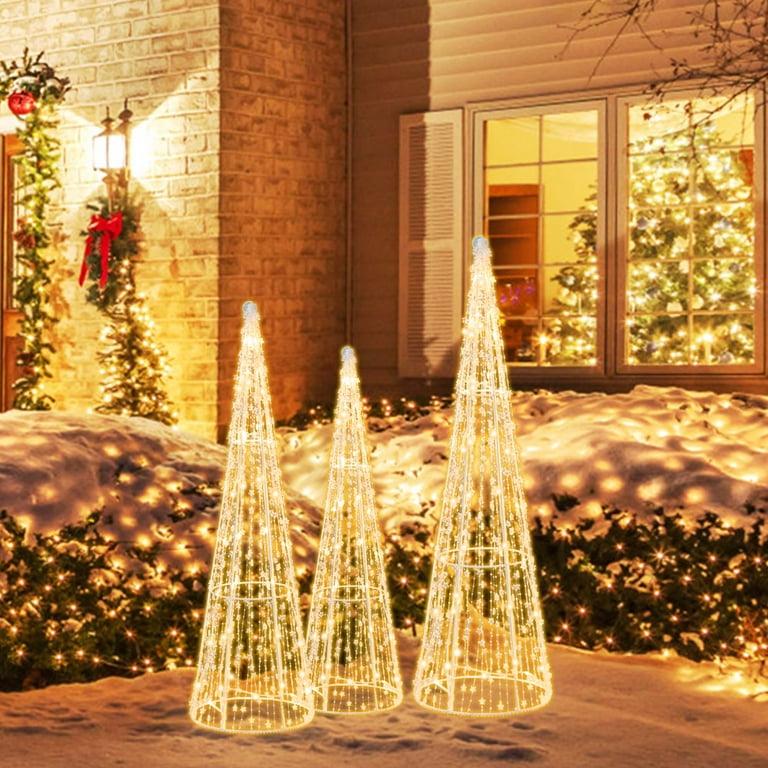  Set of 3 Pre-lit Christmas Cone Trees Xmas Decoration with Star String & 90 Lights
