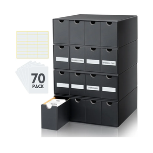 Cholemy Trading Card Storage Box Card Organizer 15000+ with 70 Cardboard Storage Divider, Label Sticker for Collection Compatible with Tcg, Sport Cards(4 Row, 4 in A Row, Black)