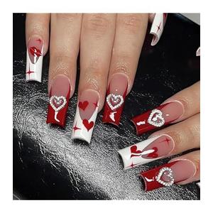 24Pcs Valentines Press on Nails Long Coffin Fake Nails with Hollow Out Heart Nails Charms Design French Tip False Nails Glossy Full Cover Glue on Nails Valentines Heart Acrylic Nails for Women