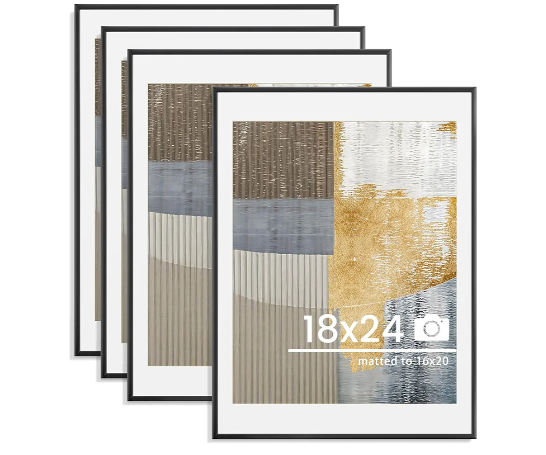 18x24 inch Metal Poster Frame - 18 x 24 Thin Aluminum Picture Frames Matted for 16x20 Photos, Artworks, Prints, Puzzle - High Definition Plexiglass - Vertical and Horizontal Display - Wall Hook Hanging Hardware Included - Black, Set of 4