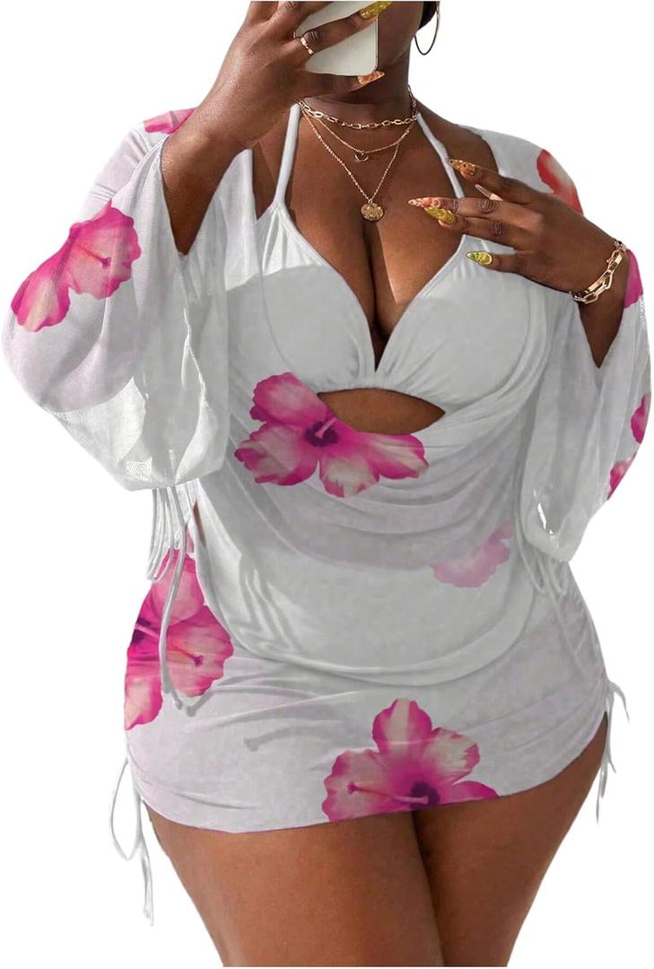 OYOANGLE Women's Plus Size 4 Piece Floral Bikini Swimsuit with Cover Up Triangle Halter Bathing Suits (White, XL)