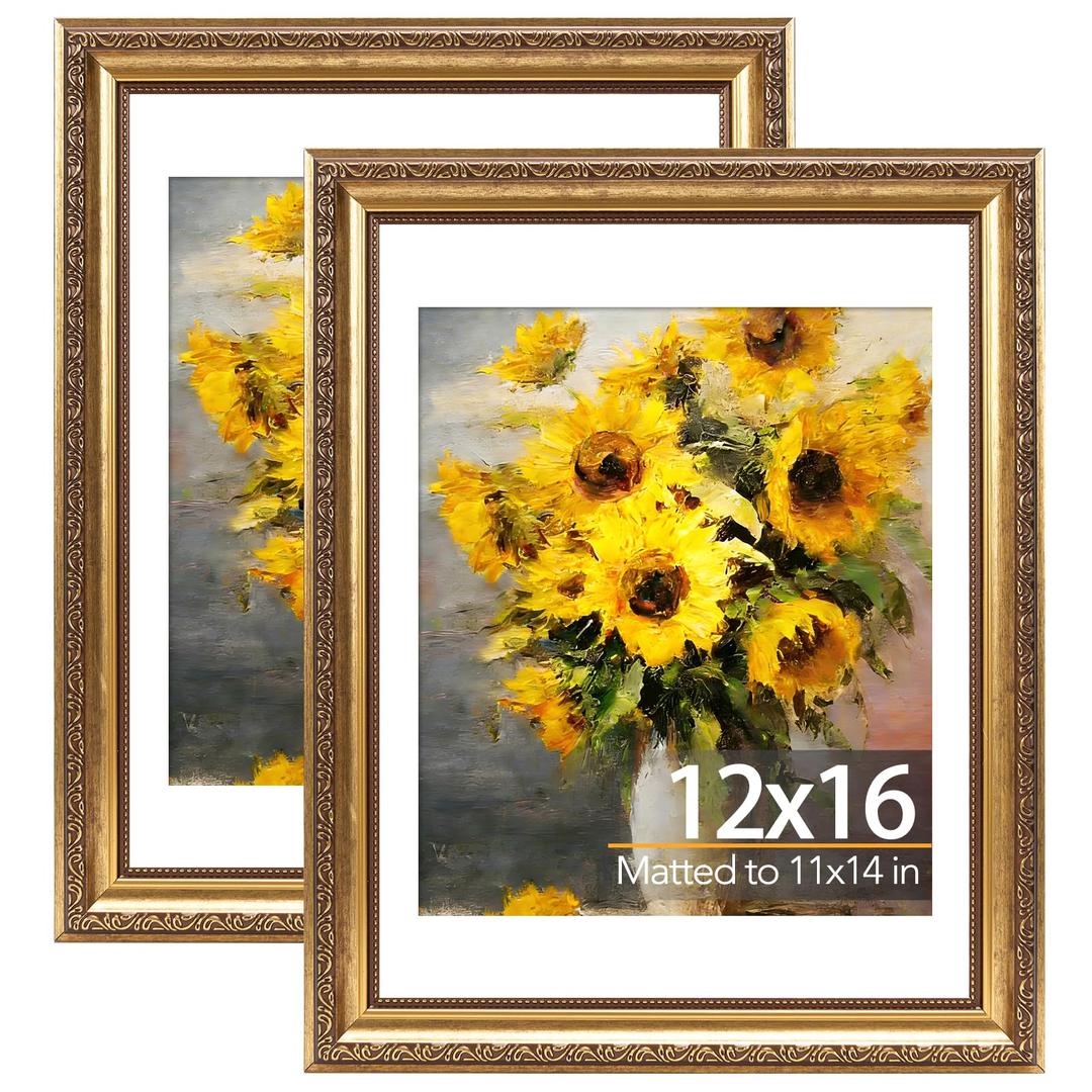 JCJMY 12x16 Vintage Picture Frame with 11x14 Mat Set of 2, Elegant Retro 12 by 16 Photo Frame with Shatter-Resistant Plexiglass for Wall Hanging, Gallery Decor & Gift, Gold, 2 Pack