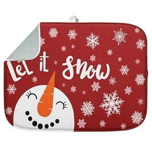 Sanwarm Absorbent Dish Drying Mat, Merry Christmas Microfiber Pad for Kitchen Counter, Let Snow Snowman for Coffee Bar Decor, Heat Resistant and Reversible, 18" x 24"