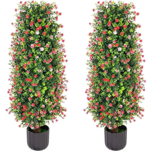 Sunnyglade 2 Pack Artificial Rose Tree - 3FT Fake Floral Plant in Pot - Decorative Topiary - Cement Filled Potted Faux Flower Plant for Home, Office, Porch, Indoor, Outdoor (Red)
