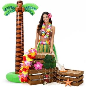 11 Pcs Hawaiian Party Decoration Set 70 Inch Giant Inflatable Palm Tree Wooden Boxes Decorative Fishing Net 70 Inch Hawaiian Leis Luau Decoration and Monstera Leaves for Hawaii Luau Party