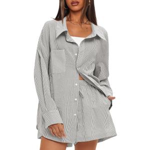 Darong Women's Summer 2 Piece Outfit Sets Long Sleeve Button Down Shirts Matching Short Sets Beach Vacation Lounge Set (XL)