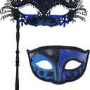 Couple Masquerade Masks with Stick 2psc Blue Mardi Gras Accessories Cosplay Mask for Venetian Decorative Masquerade Props Costume Ball