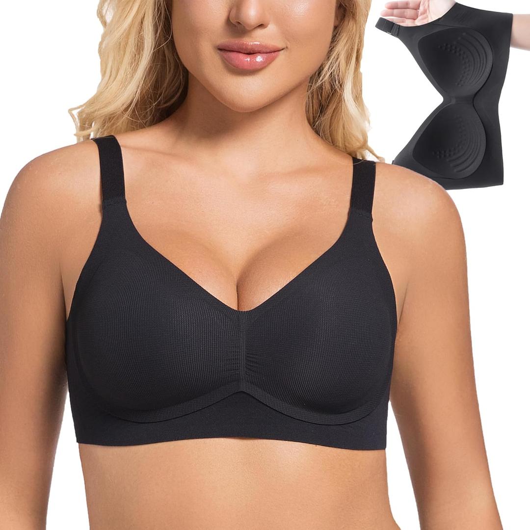 PRETTYWELL Wireless Bras for Women Molded Cup Comfort Seamless Push up No Underwire V-Neck Everyday Bra A to D Cup (Black, XXL)