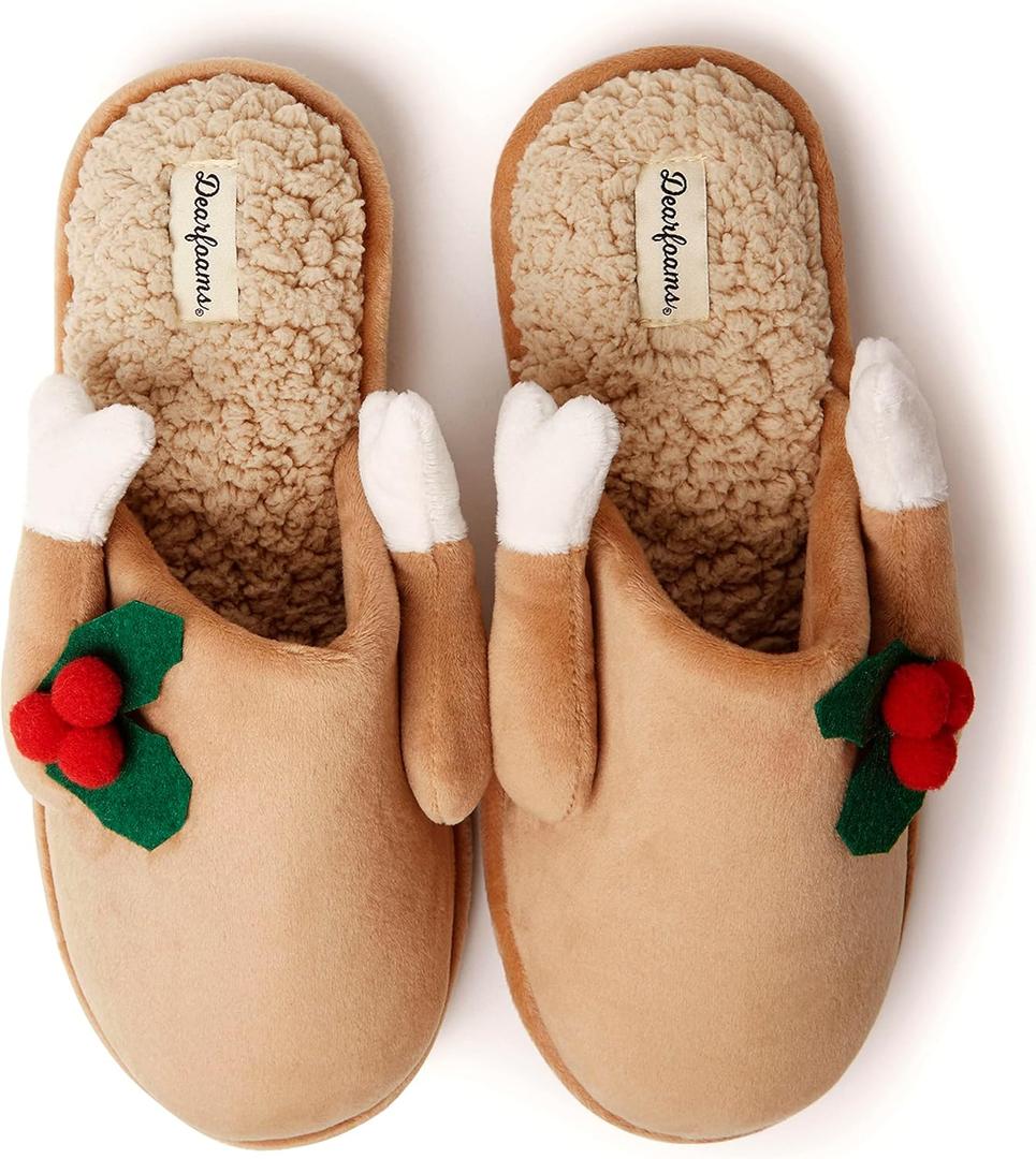 Dearfoams Men's Matching Family Holiday Christmas Reindeer & Turkey Scuff Slippers (Large)