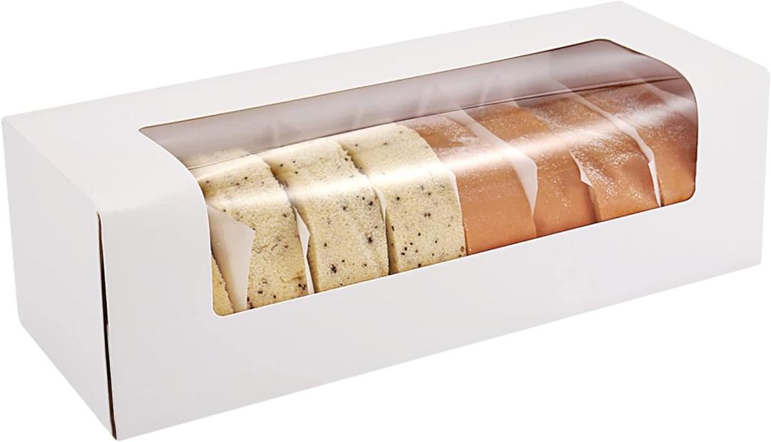 24-Pack 12" x 4" x 3.5" Roll Cake Boxes, Loaf Pumpkin Roll Boxes, White Bakery Boxes with Window, Auto-Popup Pastry Boxes
