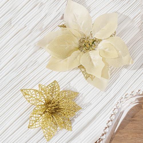 Choonshow 18 Pcs Large Poinsettia Flowers Set - 6"& 9" Artificial Christmas Flowers with Clips for Xmas Tree, Wreath Decor Decorator-Grade Xmas Decorations for Home, Champagne Gold