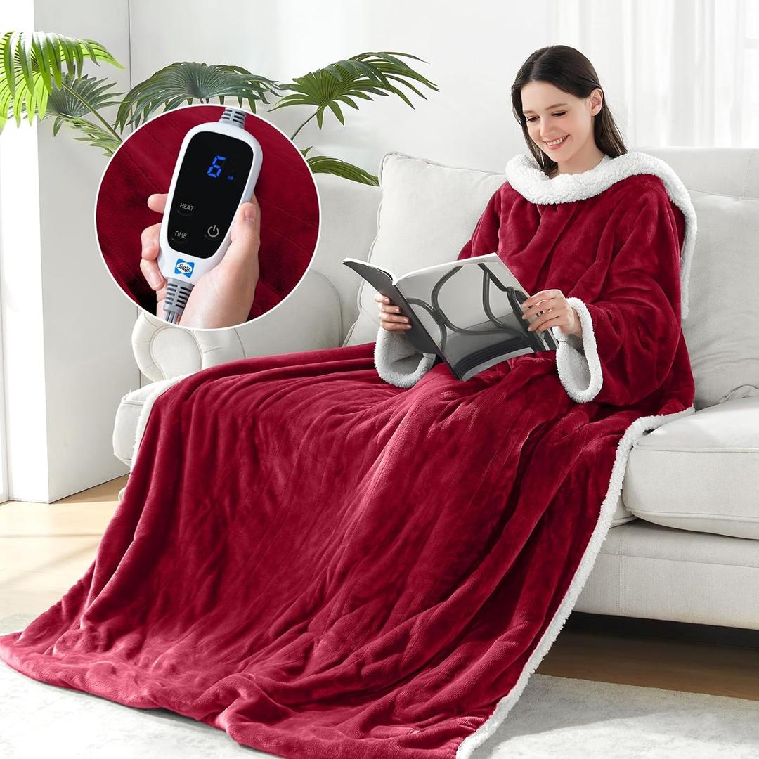Sealy Electric Blanket Wearable with Foot Pocket, Electric Snuggle Blanket with Sleeves, Flannel & Sherpa Heating Throw with 6 Heat Settings & 2-10 Hours Auto Shut Off, 50 * 70"+18", Red