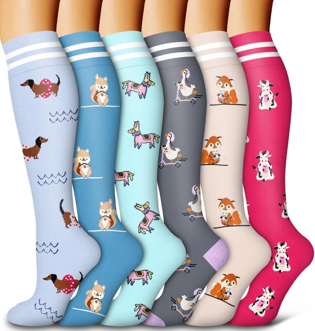 6 Pack Copper Compression Socks for Women and Men Circulation-Best Support for Medical, Running,Nursing,Athletic (Small-Medium, D-assorted1-small Animal-1)