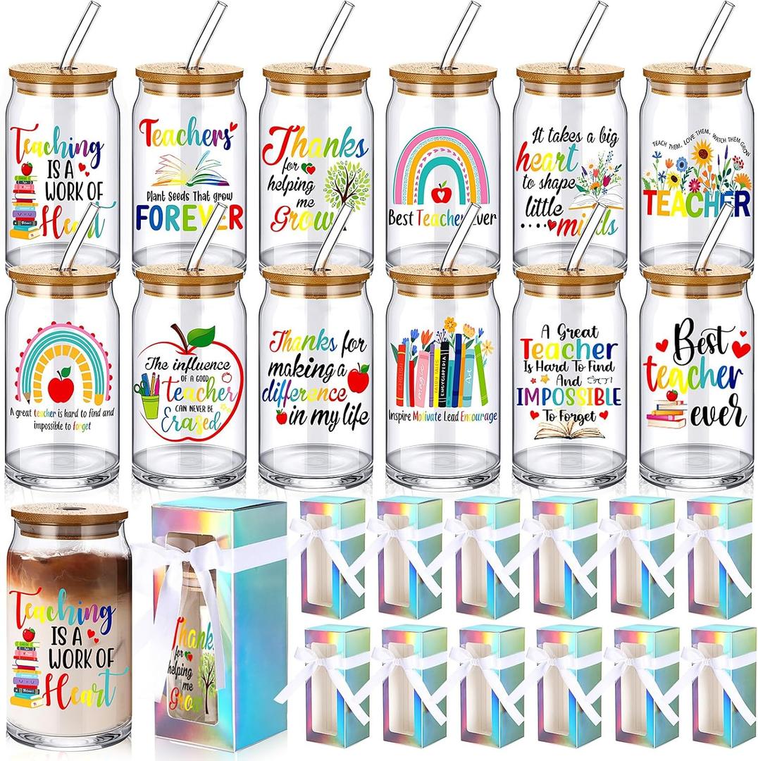 Layhit 12 Set Teacher Appreciation Gifts Glass Cups Bulk for Women Men 16 oz Thank You Drinking Cups Can Shaped Glass with Lids Straws and Gift Boxes for Multiple Teachers School Staff Preschool
